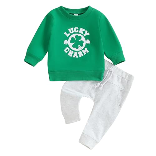 Loalirando Toddler Baby Boys St. Patrick ' s Day Outfits Shamrock Letter Print Long Sleeve Sweatshirts Drawstring Long Pants 2Pcs Clothes Set (Green, 18-24 Months)