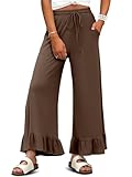KISSMODA Women Summer Lounge Palazzo Pants Flowy Trousers Ruffle Hem Wide Leg Beach Pants Loose Fit Pockets Coffee XL