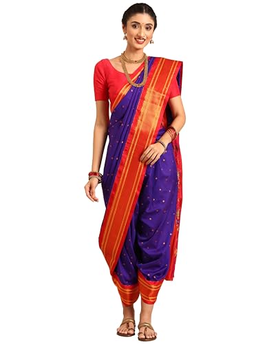 Varkala Silk Sarees Maharani Nauvari Paithani Saree 9 Yard Silk Blend with Copper Zari Peacock Pallu & Unstitc