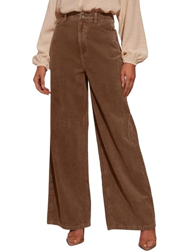 Sidefeel Women's Corduroy Pants Casual High Waisted Baggy Wide Leg Elastic Waist Loose Trousers with Pockets