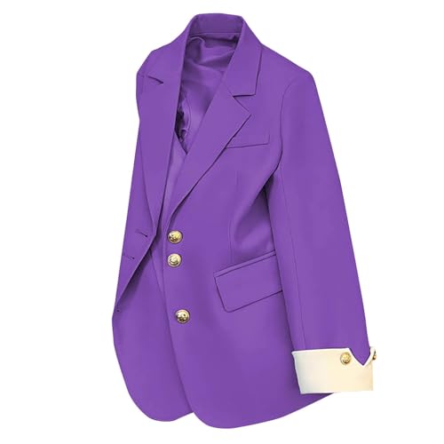 Blazer Femme Chic Et Elegant Veste Tailleur Femme Ample Ceremonie Mode Jacket Automne Court Travail Blouson Tendance Printemps Couleur Unie 2#Violet L