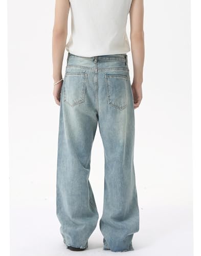Men's Denim Pants Mid-Waist Straight Leg Ripped Loose Fit Wide Leg Vintage Casual Jeans with Pockets3