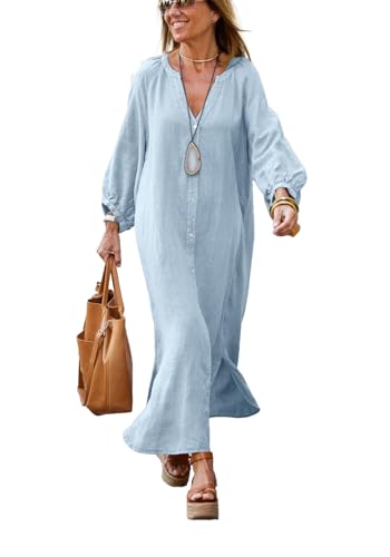 Image of chouyatou Women Summer Long Sleeve Notch Neck Maxi Linen Shirt Dress Loose Button Down Tunic Shift Dress