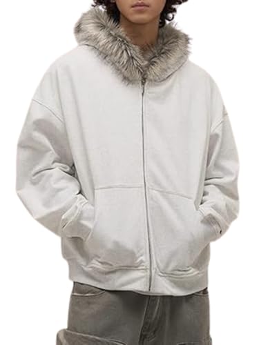 Y2k Zip Up Hoodie Fur Hooded Jacket Warm Winter Coat for Men Fur Collar Hoodies Streetwear Unisex Streetwear