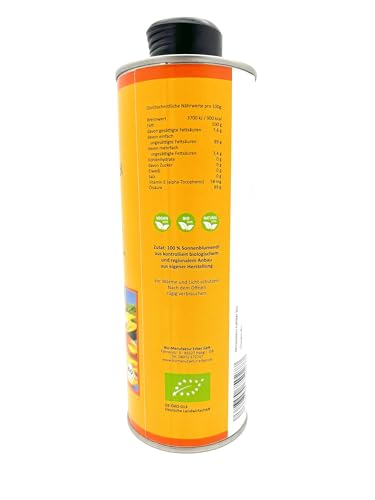 Bio-Sonnenblumenöl natives Bratöl 500 ml, kaltgepresst, extra mild aus geschälten hight oleic ölsäurereichen Bio-Sonnenblumenkernen aus Deutschland, reich an Vitamin E