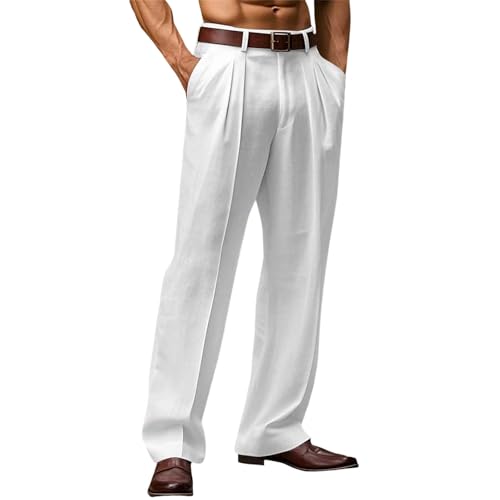 Men's Linen Pleated Dress Pants - Summer Casual Beach to Wedding Loose Fit Breathable Pants