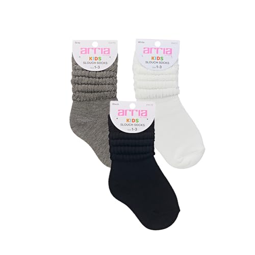 ARRIA Kids Slouch Socks Multipack Soft Breathable Cotton Unisex Crew Cozy All-Day Fit Trendy Slouch Style Fun Vibrant Colors (Blk/Wht/Gry 13m-3y)