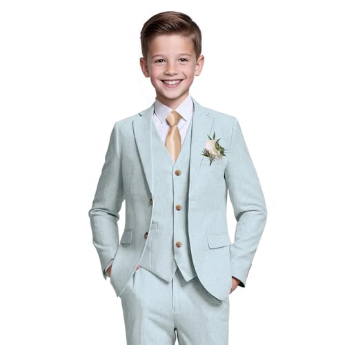 Boys Suit Linen Breathable 3 Piece Summer Slim Fit Kids Linen Suit Teen Blazer Vest Pant Set Sky Blue
