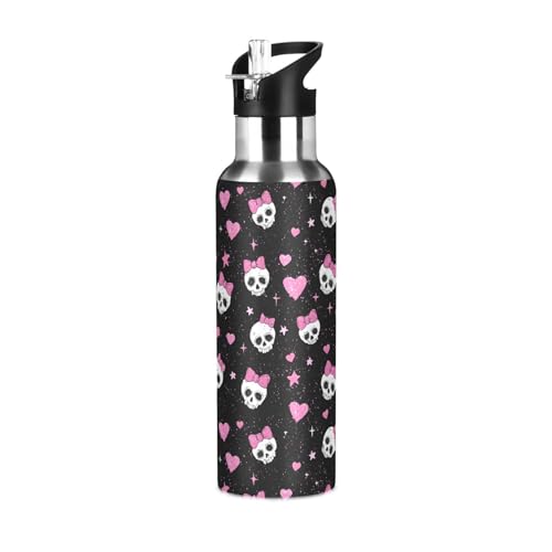 Image of ALAZA Stainless Steel Water Bottle with Straw 600ml/20oz, Skull Bow Heart Pink Insulated Drink Flask Gym Sports Water Bottle for Kids Adults Boys Girls, Leakproof