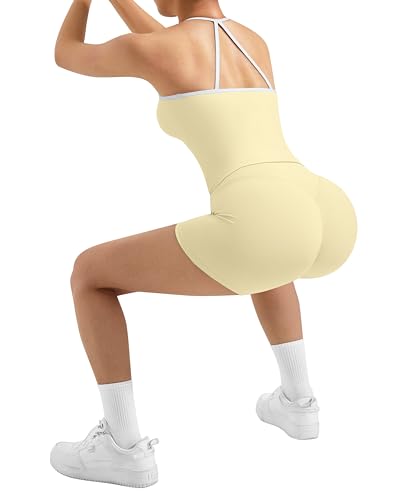 Image of SUUKSESS Women 2 Piece Workout Sets High Waisted Tummy Control Biker Shorts Halter Padded Tank Tops