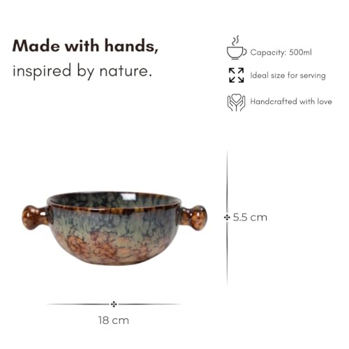 Image of Beyond Homes Ceramic Snack Bowl with Handle, 18 cm | Microwave and Dishwasher Safe Ceramic Serving Bowl for Pasta, Soup, Snacks | Matte Finish, Set of 2 (Abstract Brown, 500 ml)