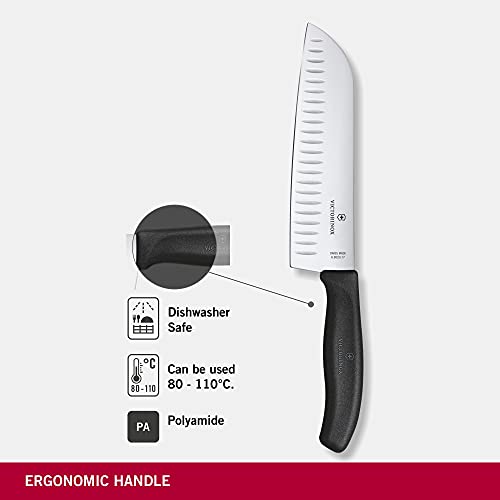 Foto von Victorinox Swiss Classic Santokumesser, Messer Asiatischer Art, Extra Scharfe Klinge, Kullenschliff, 17 cm, Rostfreier Stahl, Blister, Schwarz