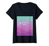 Damen Sad Boys Vaporwave 'Offline' T-Shirt mit Kanji T-Shirt mit V-Ausschnitt