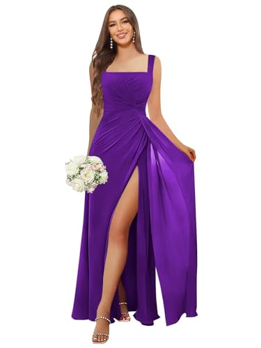 Image of HANVAIOS Square Neck Bridesmaid Dresses Long Chiffon Formal Maxi Dress with Slit