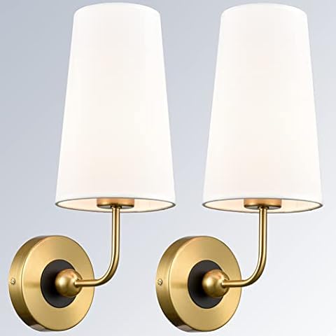 DAYCENT Mid Cnetury Gold Wall Sconces Set of Two 1-Light Modern Fabric Shade Wall Lamp Hardwired Brass Sconces Wall Lighting for Bathroom Bedroom Hallway Living Room Cover