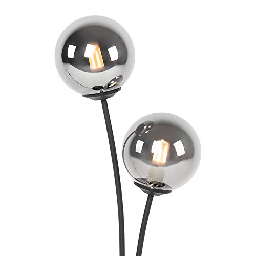 Qazqa Modern Tischleuchte mit Glas, Tischlampe - Athens - Schwarz mit Rauchglas, max. 28W, Geeignet für LED, 48cm, Ideal als Küche lampe, Schlafzimmerlampe und Wohnzimmerlampe