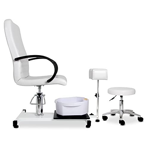 Paddie White Pedicure Chair With Rolling Stool/Foot Basin/Leg Rest Hydraulic Adjustable For Salon Spa Nail Tech #TOP3