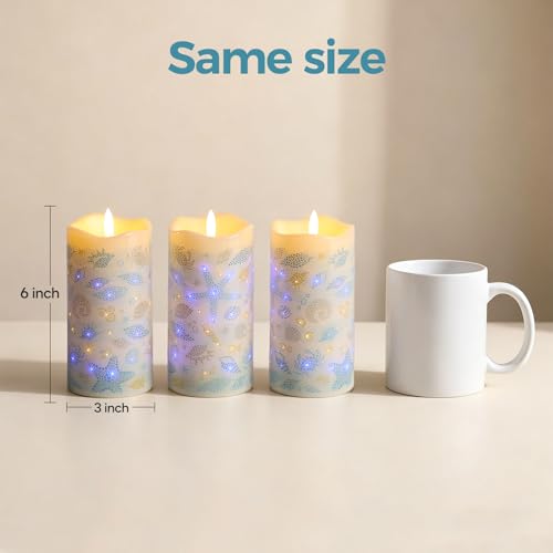 Image of Eywamage Ocean Fiber Optic LED Pillar Candles with Remote 3 Pack | Coastal theme, summer daily decor, 3 AA battery powered, remote timer function, Φ 3 inch H 6 inch, flickering realistic