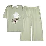 MIVY Schlafanzüge Für Damen,Damen-Pyjama-Sets Aus Baumwolle, 2-Teilig, Modisch, Grüner Blumendruck, Rundhalsausschnitt, Nachtwäsche, Weich, Kuschelig, Kurzärmlig, Oberteile Und Caprihosen, Pjs-Set,