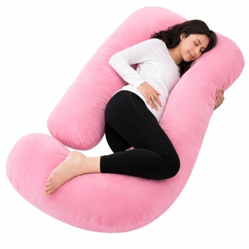 Image of Restify J-Shape Pregnancy Pillow for Women Sleeping | Full Body Maternity Pillow for Back, Hips, Legs & Belly Support | Removable & Washable Velvet Cover | Pink