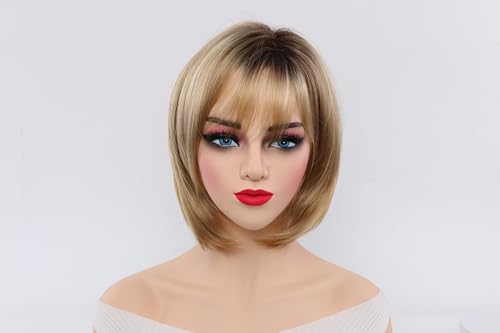 Image of 12-inch Layered Blonde Bob Wigs for White Women with Bangs, Straight Short Hair Wig, Synthetic Ombre Blonde Highlight Bobo Natural Daily Party Wig (Blonde)