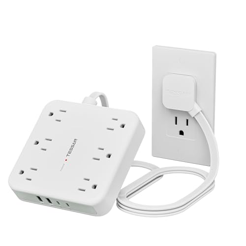 Flat Plug Extension Cord Indoor, TESSAN Surge Protector Power Bar with 4 USB (2 USB C), Power Strip with 6 Multi Plug Outlets, 1250W, Charging Station Wall Mount for Dorm Room Home image 2