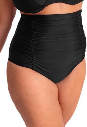 SHAPERMINT Women Ruched High Waisted Black Bikini Bottom Swimsuit, Tummy Control Full Coverage Swimwear, Small to Plus Size