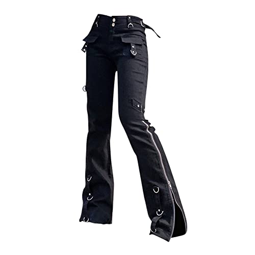 Women Side Zipper Goth Jeans Pants Vintage Streetwear Punk Casual Denim Trousers High Waist Bell Bottoms Pants