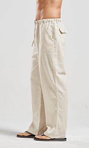 Utcoco Qiuse Men's Casual Loose Fit Straight-Legs Stretchy Waist Beach Pants (Large, Beige) #TOP1