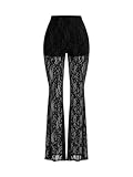 GORGLITTER Women's Lace Bell Bottom Pants Mesh Flare Leg Elastic High Waist Sheer Sexy Leggings Trousers Black Medium