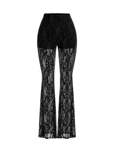 GORGLITTER Women's Lace Bell Bottom Pants Mesh Flare Leg High Waisted Sheer Sexy Goth Leggings Trousers