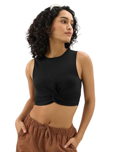 Image of The Souled Store Solids: Ink Black Women and Girls Sleeveless Round Neck Cotton Blend Slim Fit Cropped Tops