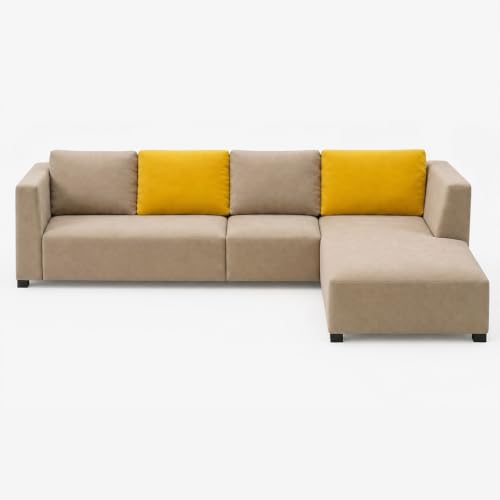 Image of FURNY Olympus 6 Seater RHS L Shape Sofa Set | Plush Velvet Suede Fabric | Modern Design | Soft Comfort Dual Color Cushions for Living Room, Office & Hotels (Beige-Yellow)