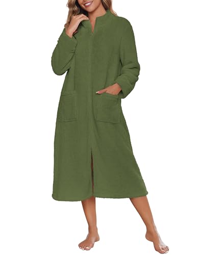 Image of Ekouaer Women Zipper Robe Fleece Long Sleeves Bathrobe Sleepwear Warm Soft Housecoat with Pockets Zip Up House Dresses