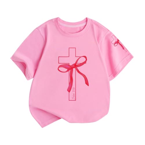 Image of Girls Cute Christian Shirts Kids Pink Bow Shirt Jesus God Faith Tshirts Aesthetic Cross Bible Verse Graphic Tee Tops