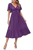 AUSELILY Women's 2025 New Summer Empire Waist Dress Drawstring Pleating Flutter Short Sleeve V Neck Midi Dresses Purple M