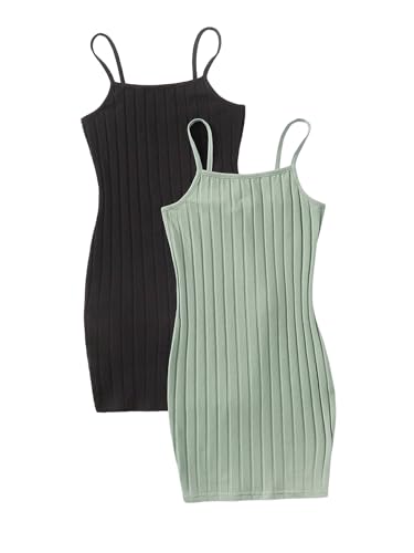 SOLY HUX Girl's 2 Piece Cami Dress Square Neck Spaghetti Strap Ribbed Knit Mini Dresses