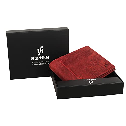 Starhide Men's Rfid Blocking Real Distressed Hunter Leather Trifold Wallet Credit Card Holder Id And Coin Purse Billfold 1055 Red #TOP6