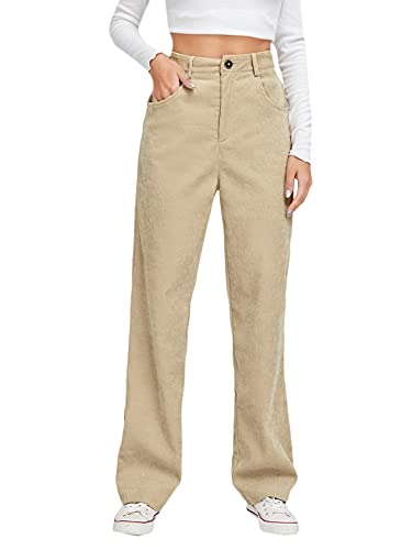 Floerns Women's Casual High Waisted Straight Leg Pocket Corduroy Pants Khaki M