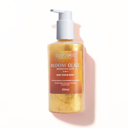 Image of Suroskie Bloom Glaze Brightening Glow 2-in-1 Body Scrub Wash with Glycolic Extract, Liquorice & Niacinamide for Tan Removal & Even Skin Tone - Exfoliating Shower Gel for Women & Men