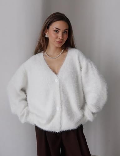Image of COZYPOIN Womens Fuzzy Cardigan Sweater V Neck Button Down Soft Knit Coat | Loose, Comfy, Slouchy Drop Shoulder, Long Sleeve Fluffy Mohair, Warm, For Daily Work Holiday, Spring Fall Winter Fashion