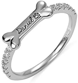 AILIN CZ Dainty Bone Shape Custom Dog Rings 925 Sterling Silver Puppy Paw Print Personalized Engraved Name Rings Pet Lovers Rememberance Memorial Jewelry Gifts For Women With Box