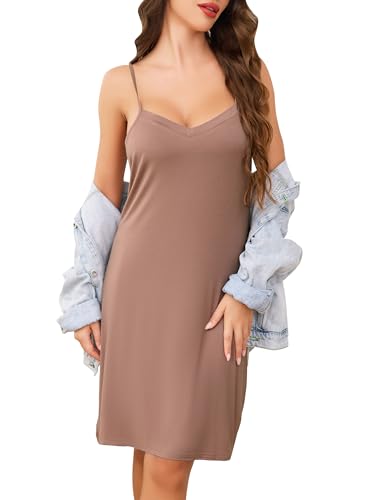 Image of Vlazom Women's Nightdresses Soft Full Slip Petticoat Spaghetti Strap Chemises V Neck Negligee Nightgown Coffee, S