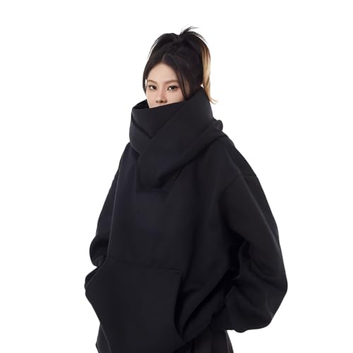 [Luvian] メンズ ハイネック パーカー ボリュームネックパーカー 無地 ポケット付き カップル スウェットカジュアル 忍者 長袖 ゆったり 大きいフード付き 防風 原宿系 機能 プルオーバー 男女兼用 春 秋 冬