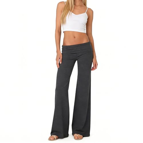 Image of Lounge Yoga Pants for Women Fold Over Low Waist Wide Leg Bell Bottoms | Y2K Foldover Pants, Flare Leggings, Low Rise Yoga Sweatpants
