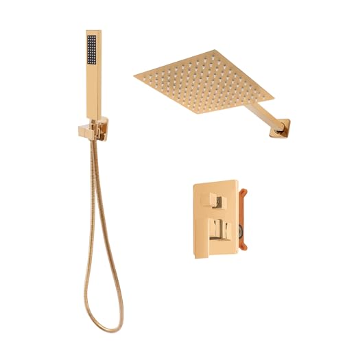 Sistema de ducha de 20 x 20 cm, montaje empotrado en acero inoxidable y latón con ducha de mano, flujo de agua ajustable, juego de grifo de ducha con cabezal giratorio de 360 grados, juego de ducha de