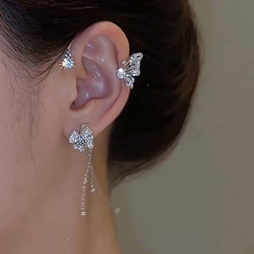 Kenjudess Vintage Crystal Butterfly Flower Ear Cuffs 2pcs Non-Pierced Sparkling Iced Out Rhinestone Butterfly Cartilage Climber Ear Wrap Prom Party Festival Ear Jewelry for Women