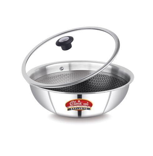 Image of Classic Steels Hexa Comb Triply Stainless Steel Tasla with Glass Lid - 3 LTR (26cm) | Induction & Gas Compatible | Silver | Healthy Oil-Free Cooking | Durable & Rust-Free | 2.5mm Thickness