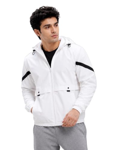 Image of Men's Hooded Windbreaker Jacket Lightweight Full Zip Color Block Casual Coat Water Resistant Outdoor Sports Hiking Running Travel Fashion Hoodie for Men