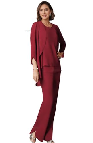 YHKDFGNZ 3/4 Sleeve Grandmother of The Bride Pant Suit with Jacket Petite Burgundy Formal Pantsuits for Women Wedding US 6